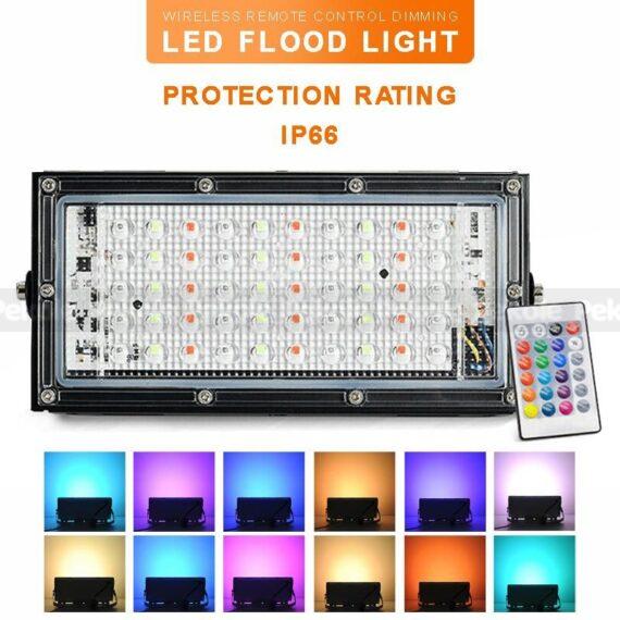 RGB LED Flood Light- Remote Controlled IP66 Waterproof Landscape & Outdoor Lighting (50W, AC220V) - Black Color