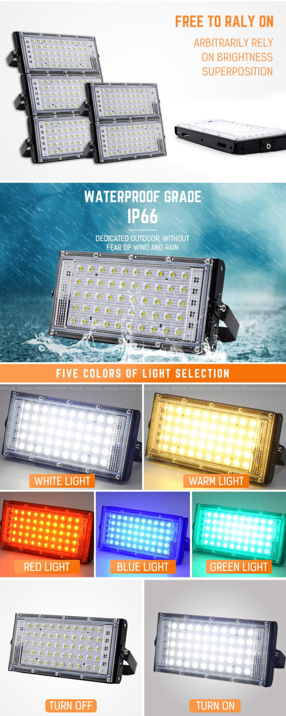 RGB LED Flood Light- Remote Controlled IP66 Waterproof Landscape & Outdoor Lighting (50W, AC220V) – Black Color - Image 2