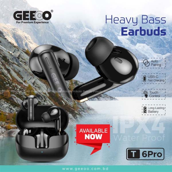 Geeoo T6 Pro Heavy Bass Wireless Earbuds – Black - Image 2