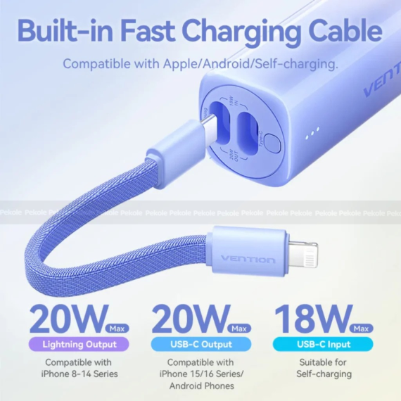 Vention FHWR0 5000mAh 20W Power Bank with USB-C to Lightning Cable – Gradient Yellow - Image 2