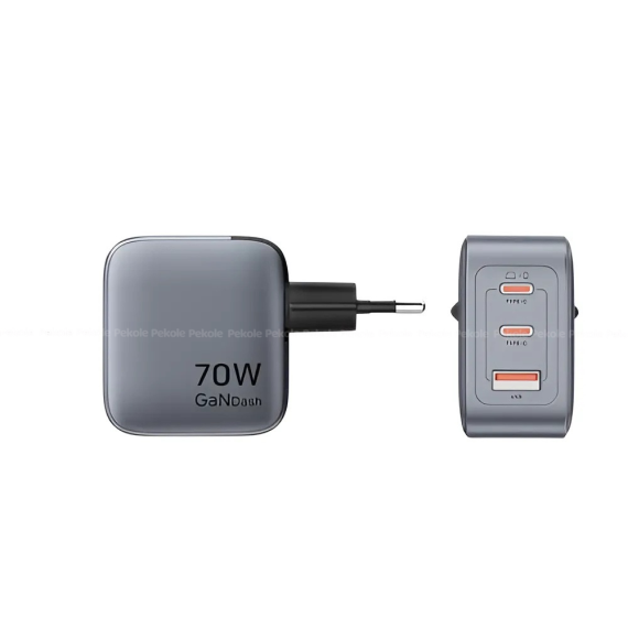 Vention 3-Port GaN USB-C & USB-A Charger 70W, EU Plug - Image 2