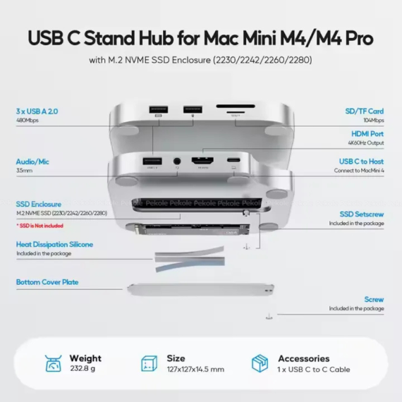 PULWTOP Mac mini M4/M4 Pro Hub Stand Dock with External Storage Upgrade M.2 SSD Enclosure(SSD NOT Included) - Image 2