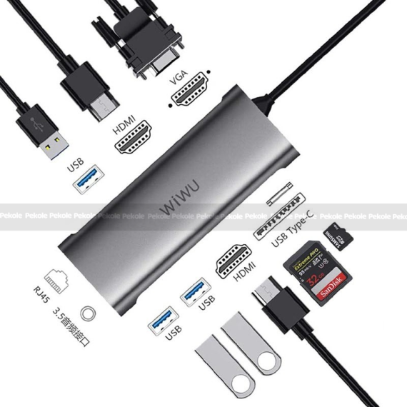 WIWU Alpha A11312H 11-in-1 USB Hub Type-C VGA RJ-45 Dual HDMI Port