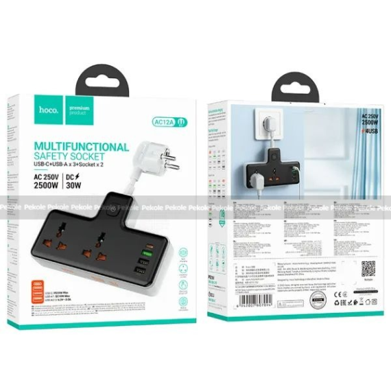 Hoco AC12A 30W 1C3A Power Strip (2500W)-Black Color - Image 2