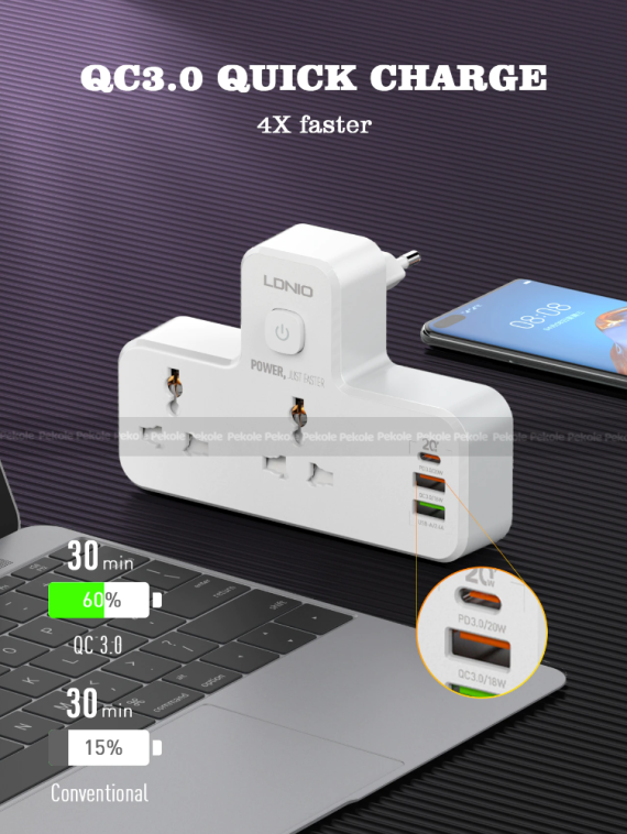 LDNIO SC2311 20W 3-Port USB Charger Extension Power Strip - Image 3